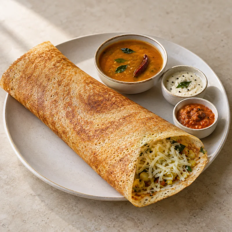 AI illustration of Cheese Masala Dosa; actual serving may differ