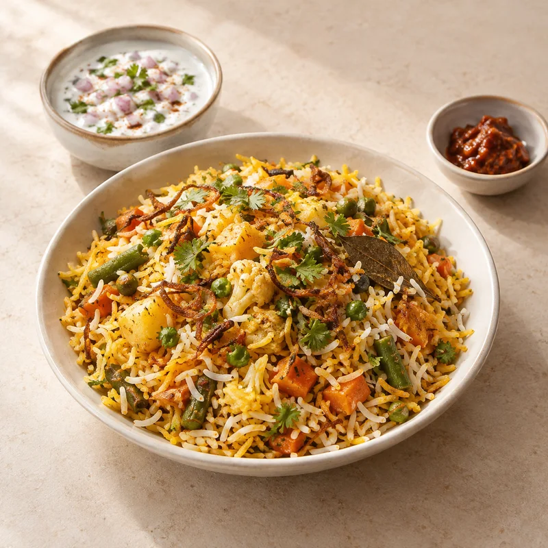 AI illustration of Veg. Biryani; actual serving may differ