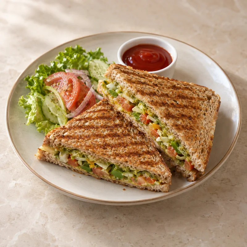AI illustration of Veg. Grilled Sandwich; actual serving may differ